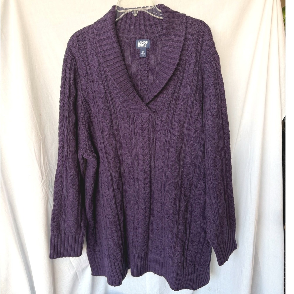 Lands End Sweater Deep royal Purple cozy Cable Knit Shawl Collar Plus Size 3X